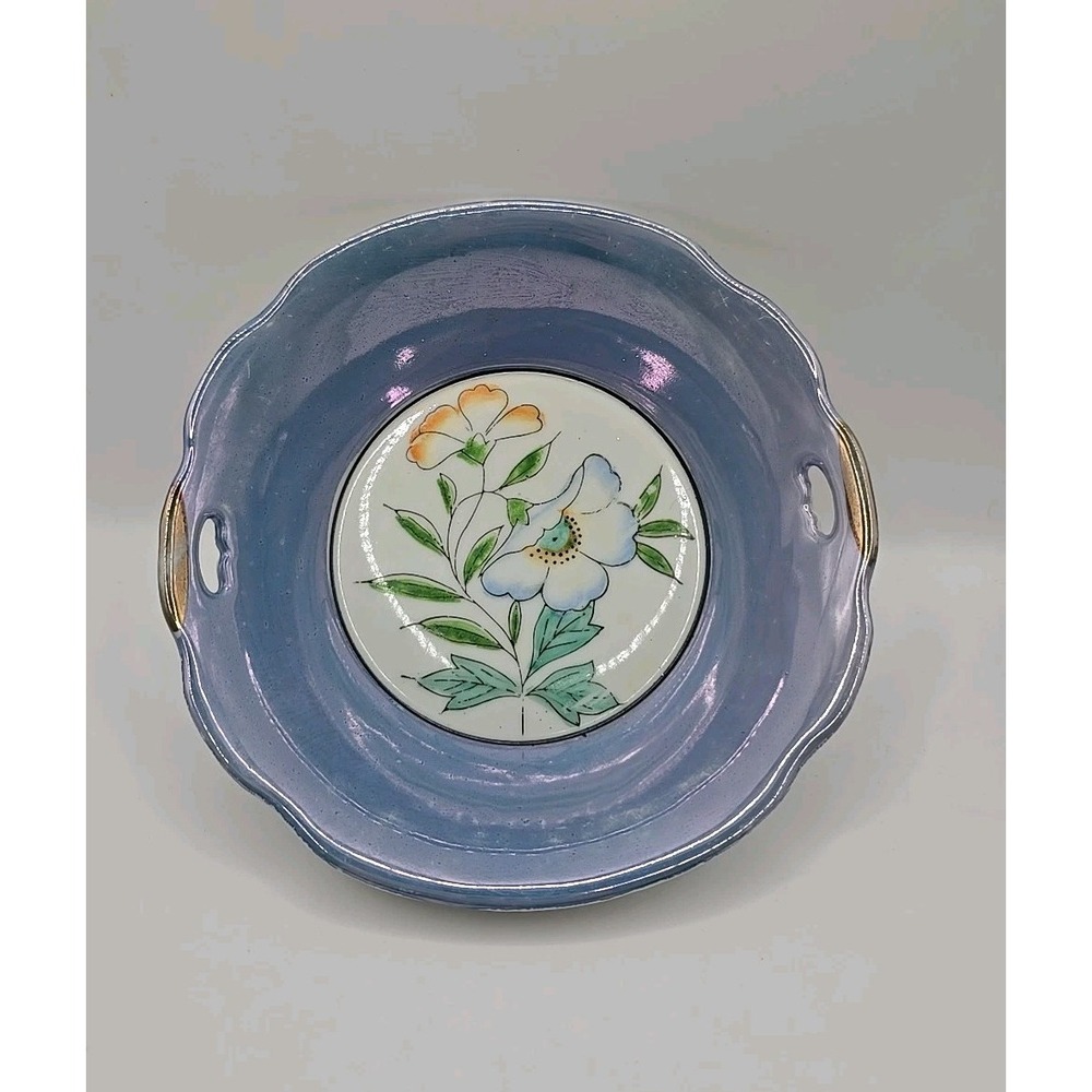 Japan Luster Porcelain Bowl Dish Blue White Floral Flowers Double Handle Vintage